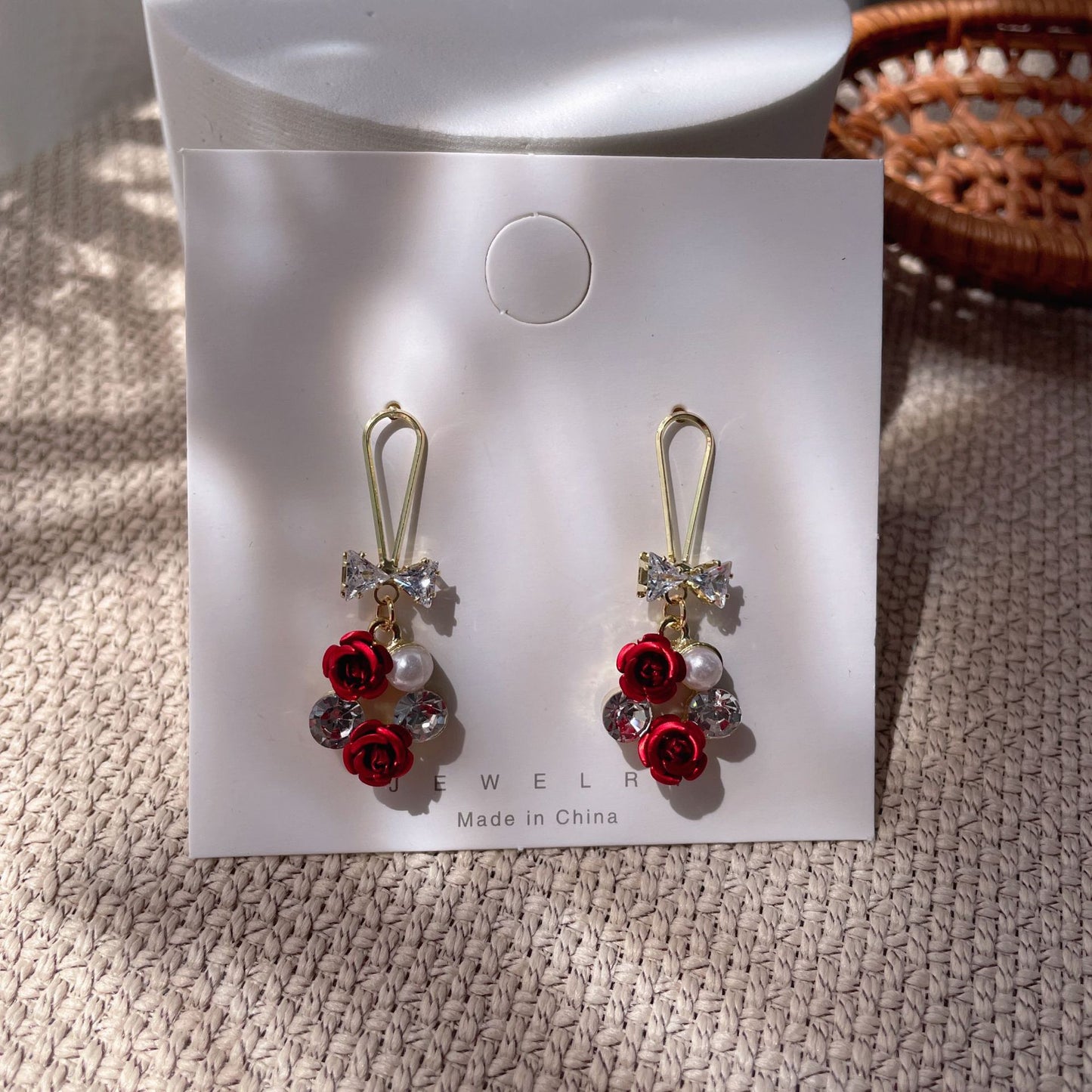 Bridal Red Veet Bow Heart Pearl Toast Earrings