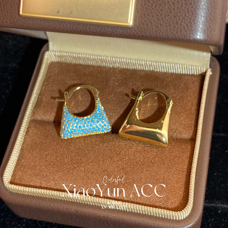 Women's French Retro Turquoise Full Diamond Bag Ear Clip Light Luxury Earrings
