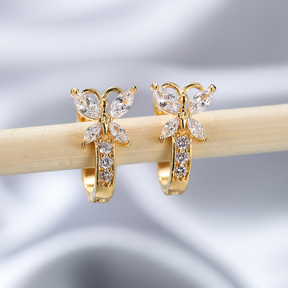 Women's Vintage Pastoral Style Edge Inlaid Zircon Small Butterfly Clip Earrings