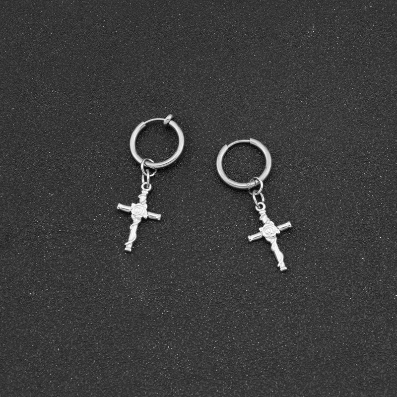 Steel Personalized Cross Rose Special Interest Earrings