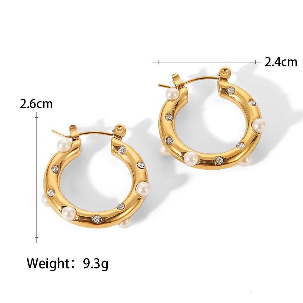 Women's Personalized Stainless Steel Hoop Inlaid Pearl Earrings