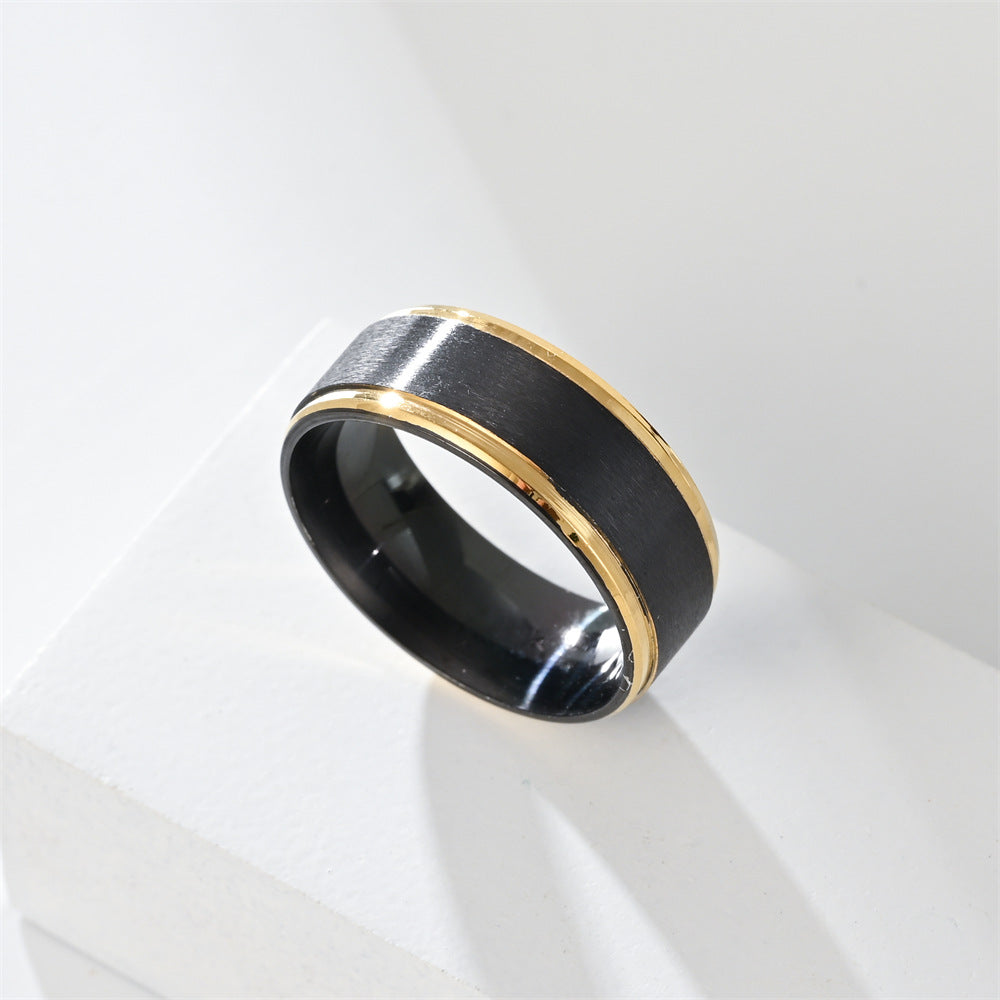 Fashion Black Beveled Steps Golden Two-tone Rings