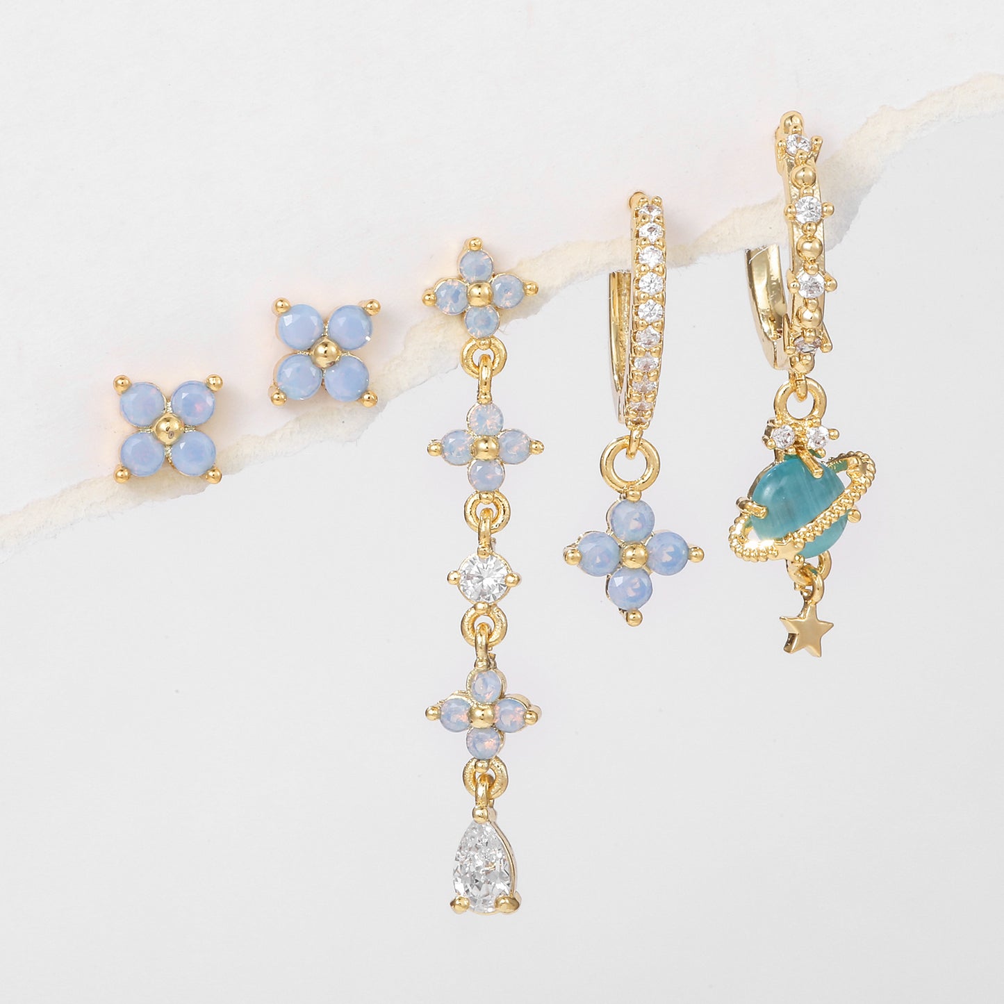 Mori Style Blue Protein Flower Tassel Stud Earrings