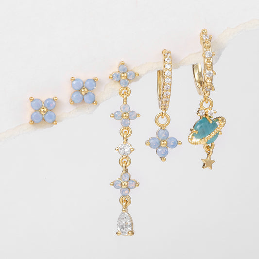 Mori Style Blue Protein Flower Tassel Stud Earrings