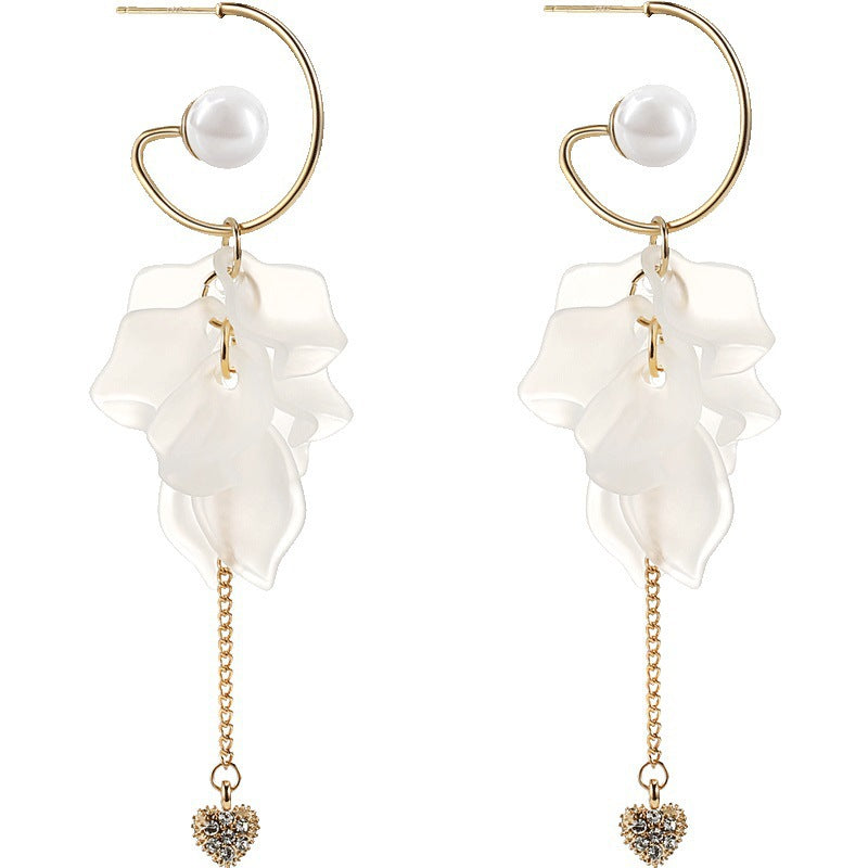 Women's Frosty Style Korean Fashionable Fresh White Petal Long Sier Earrings