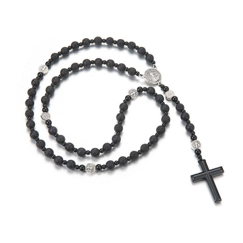 Men's Black Volcanic Rock Haematite Alloy Benedict Religious Necklaces