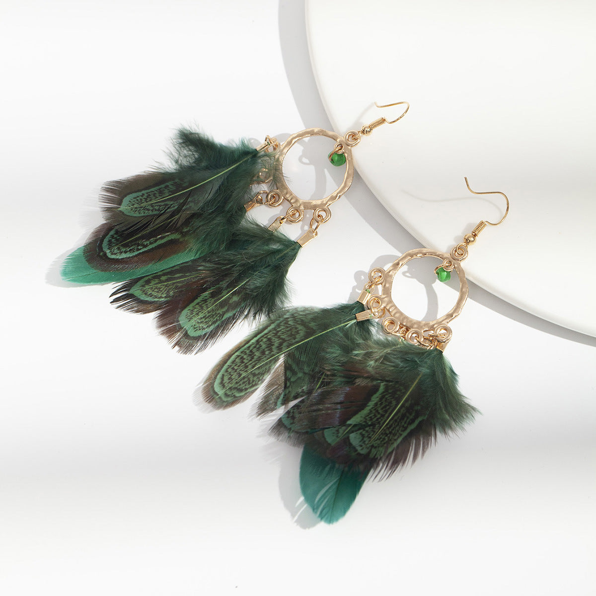 Personality Round Bead Feather Tassel Long Bohemian Earrings