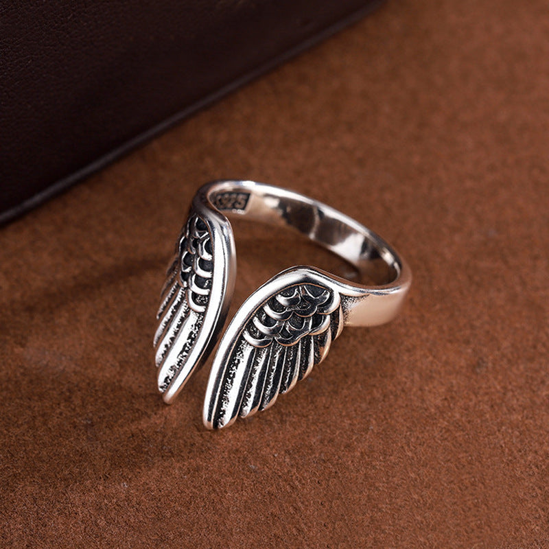 Women's & Men's Angel Wings Fashion Trend Sier Plated Retro Distressed Ring