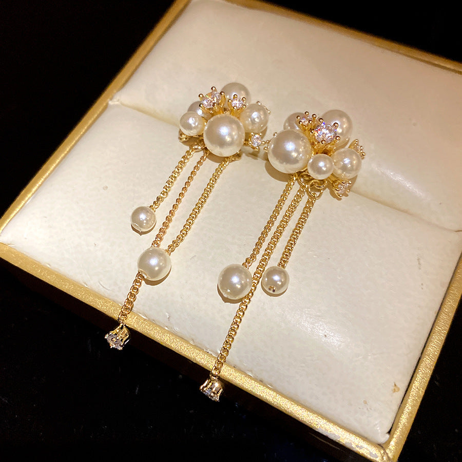 Zircon Tassel Pearl Flower Elegant Wild Light Luxury High-grade Design Earrings