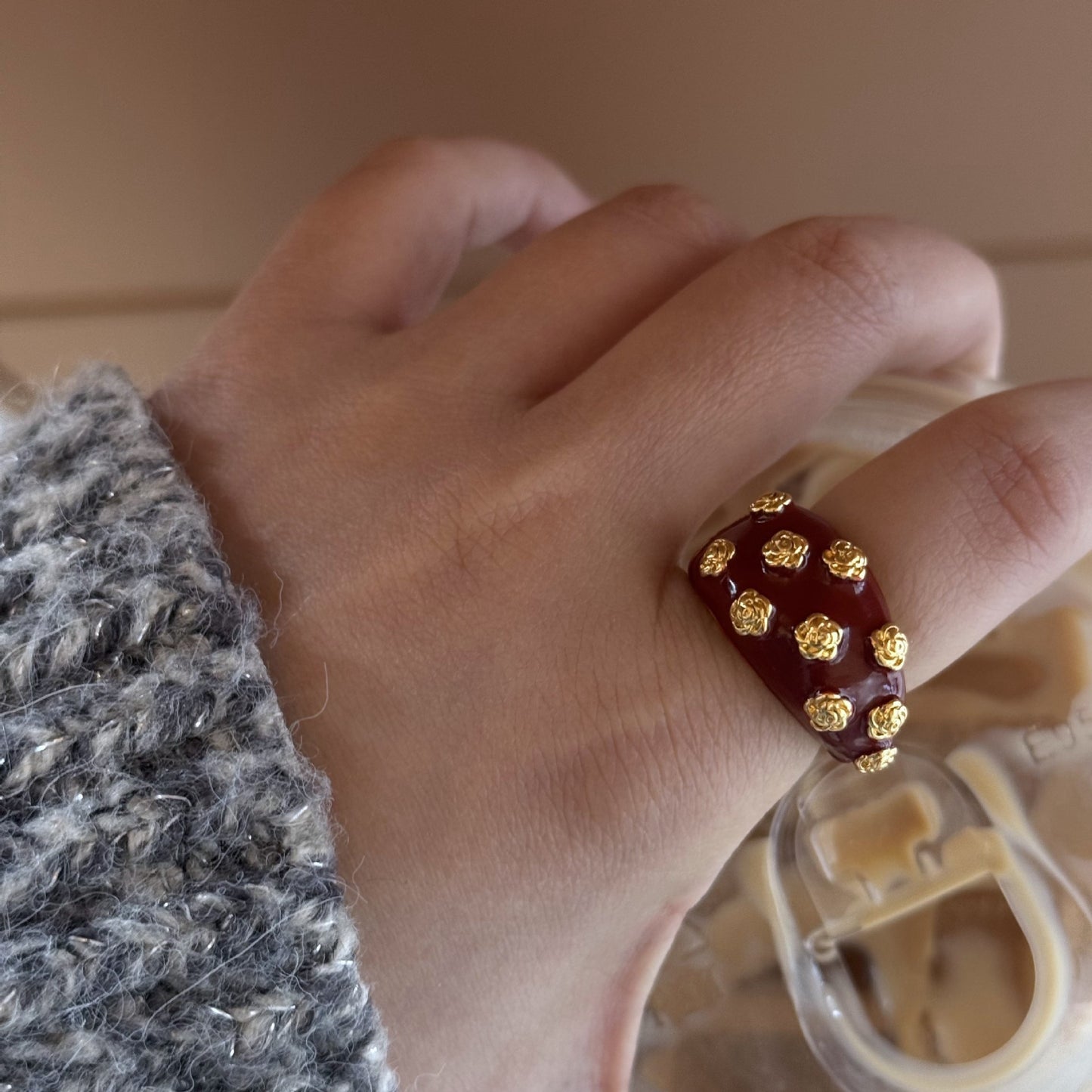 Gold Electroplating Dripping Camellia Open Fashion Index Rings