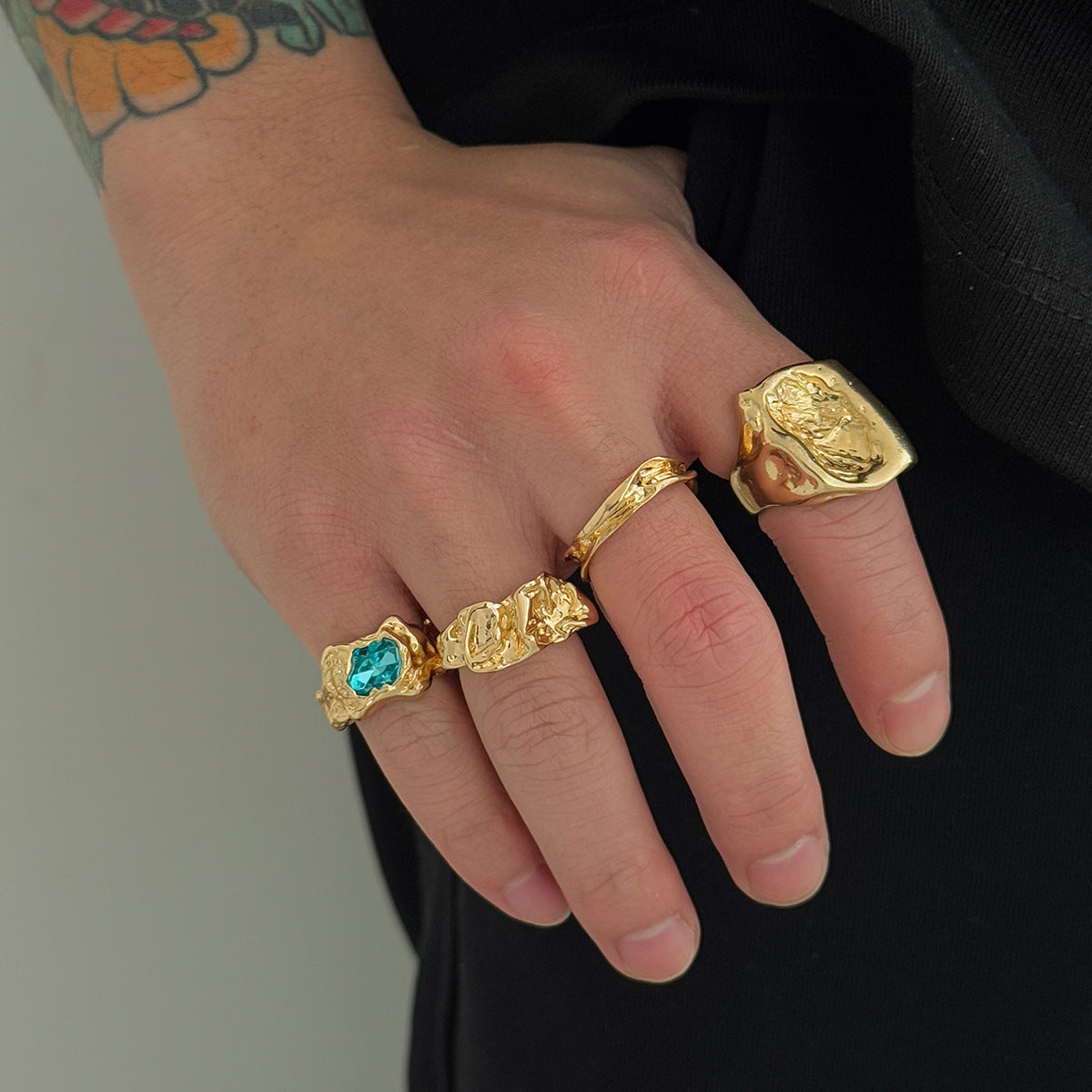 Men's Fashion Personality Pleated Lava Metal Gem Ring
