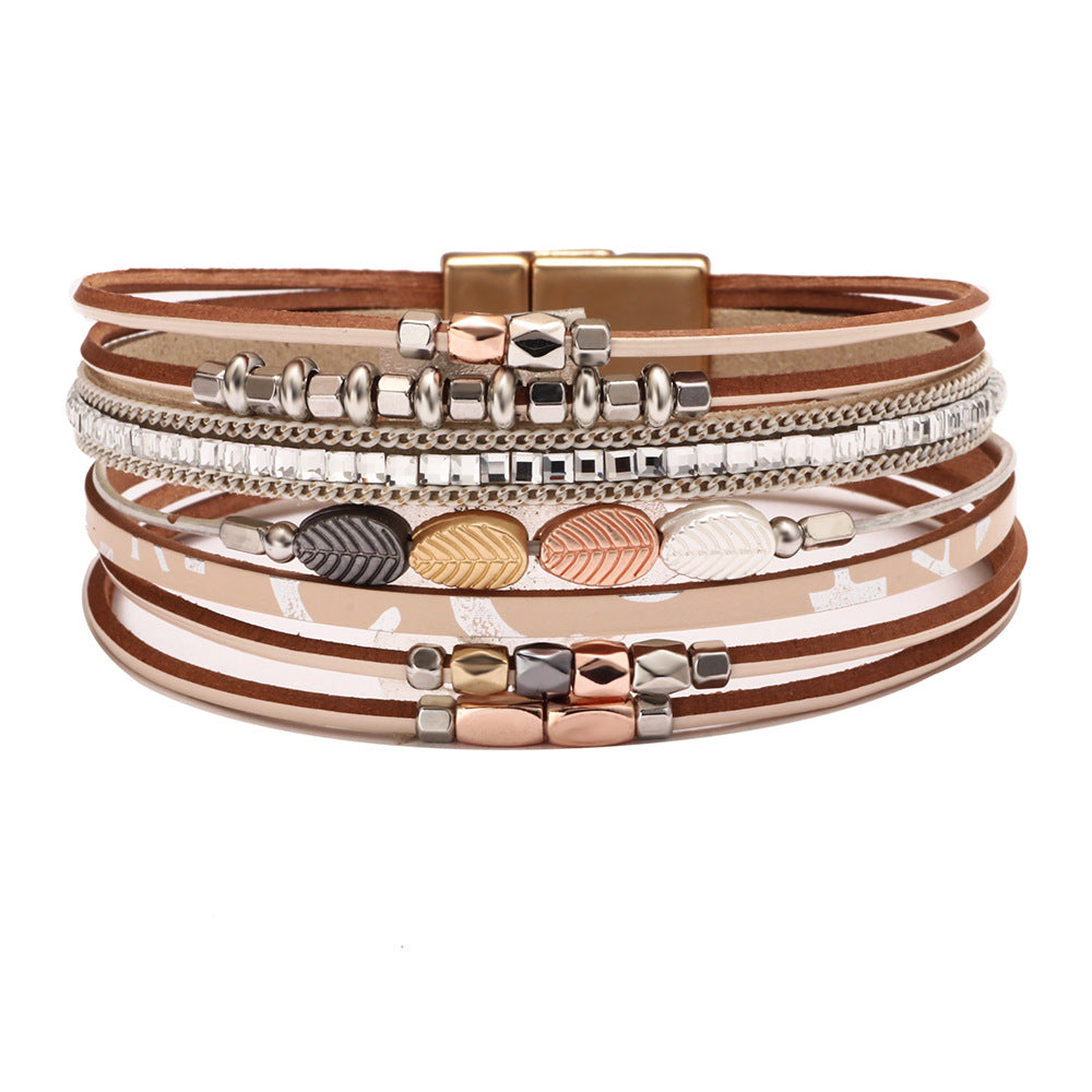 Women's Bohemian Wrist Leather Woven Leaf Shaped Ethnic Style Magnetic Snap Bracelets