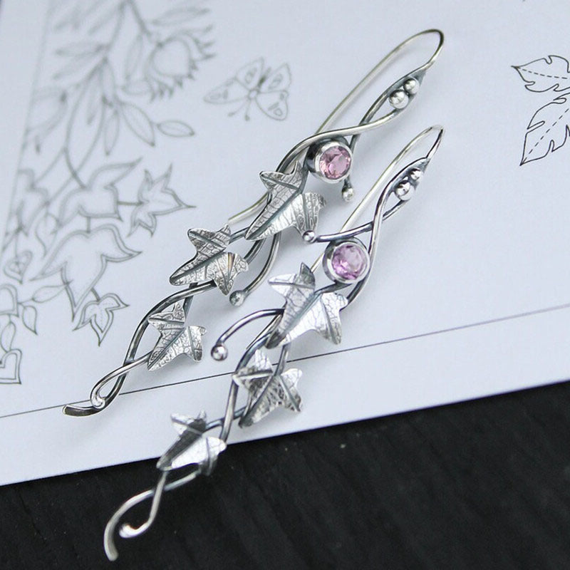 Women's Plant Leaf Vine Ancient Sier Diamond Earrings