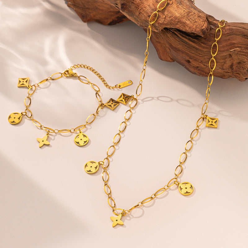 Titanium Steel Golden Hollow Four-leaf Clover Necklaces