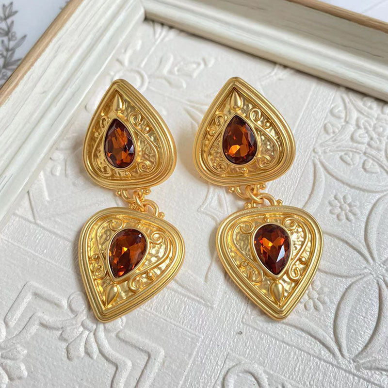 Gold-plated Double Heart-shaped Plain Gold Vintage Court Earrings