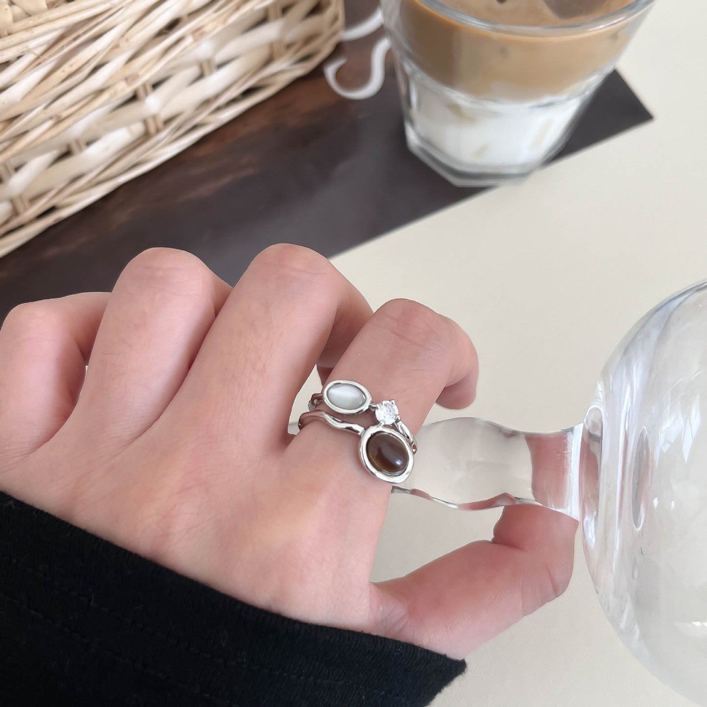 Simple Two-color Natural Stone Open Female Fashion Unique Design Finger Ring