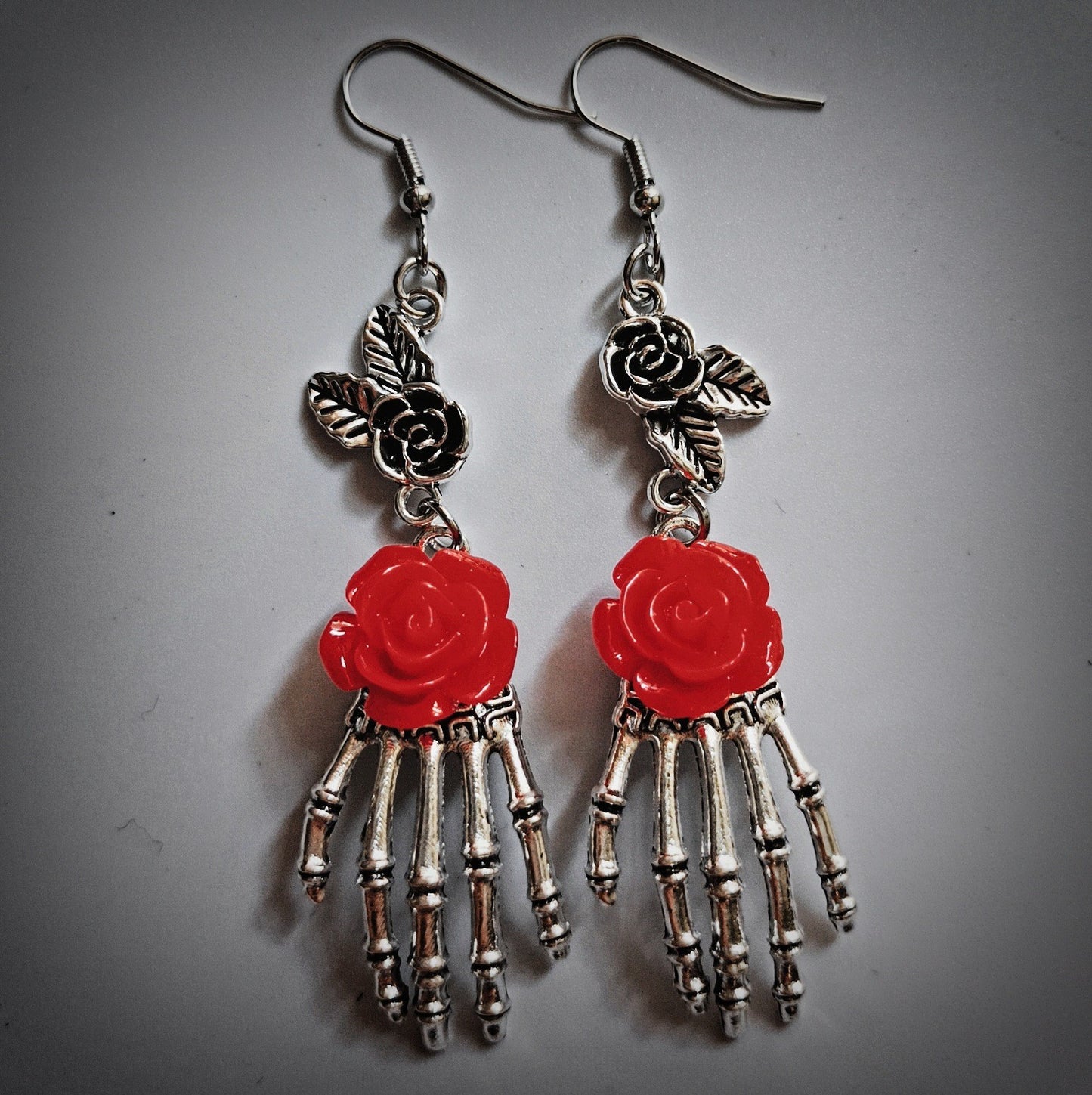 Skull Hand Red Rose Gothic Handmade Eardrop Halloween Earrings