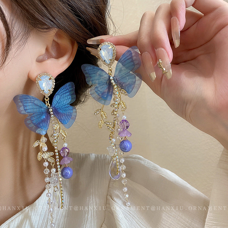Sier Mesh Blue Butterfly Leaves Pearl Rings