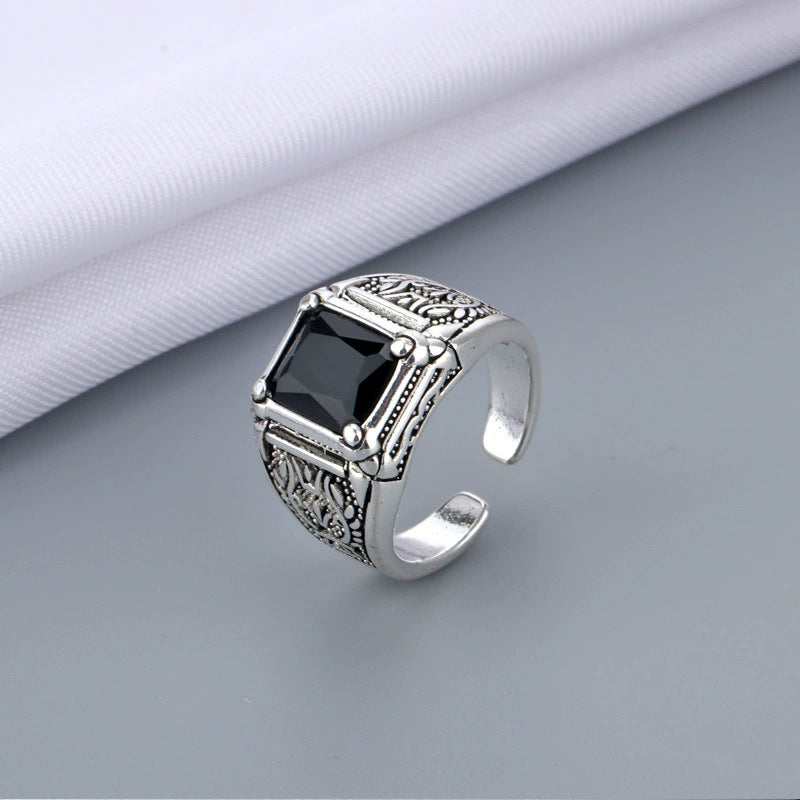 Men's Alloy Inlaid Black Gemstone Imitation Thai Sier Ring