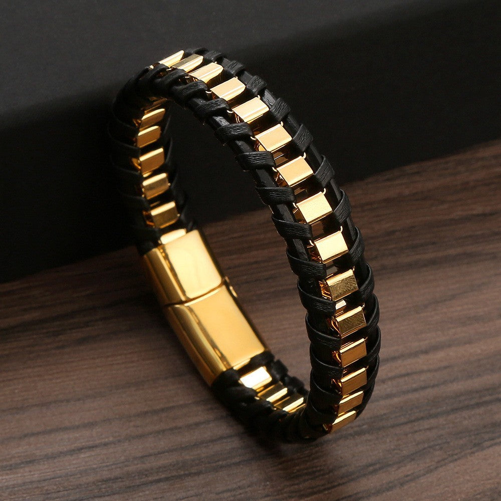 Men's Personality Stainless Steel Woven Leather Vintage Bracelet