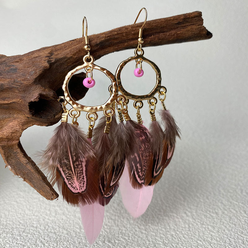 Personality Round Bead Feather Tassel Long Bohemian Earrings