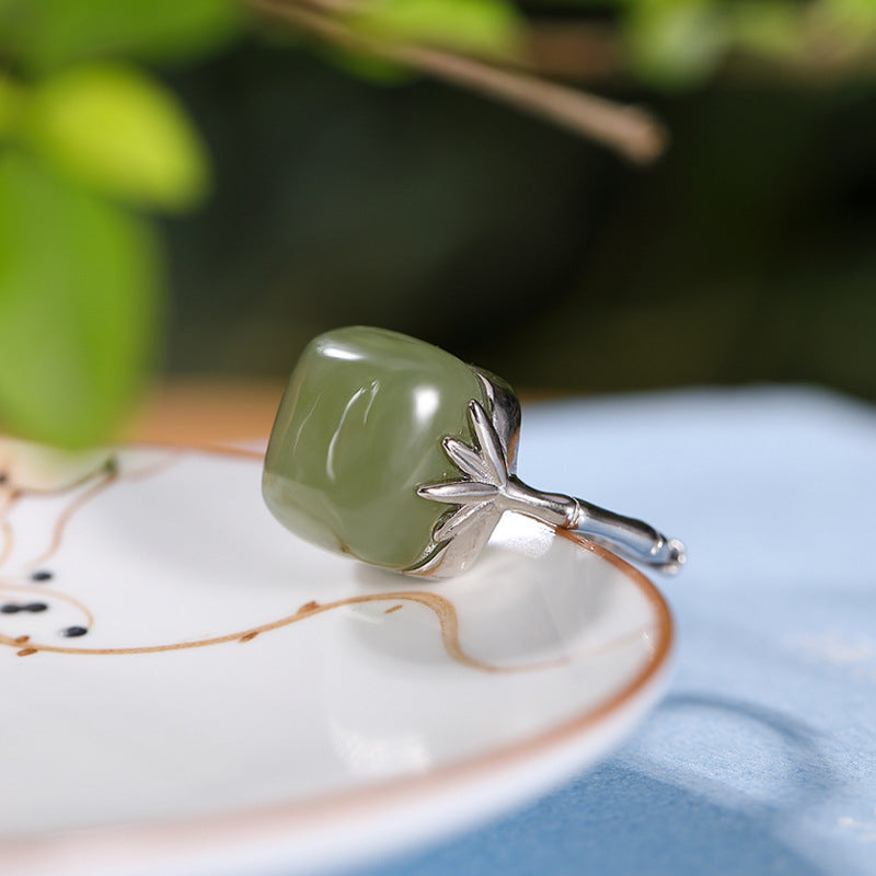 Women's Style Sier Plated Imitation Gray Jade Retro Elegant Bamboo Ring