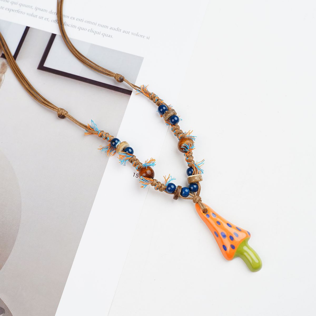 Women's Dopamine Color Ceramic Mushroom Long Woven Necklace