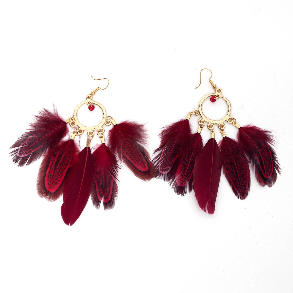 Personality Round Bead Feather Tassel Long Bohemian Earrings