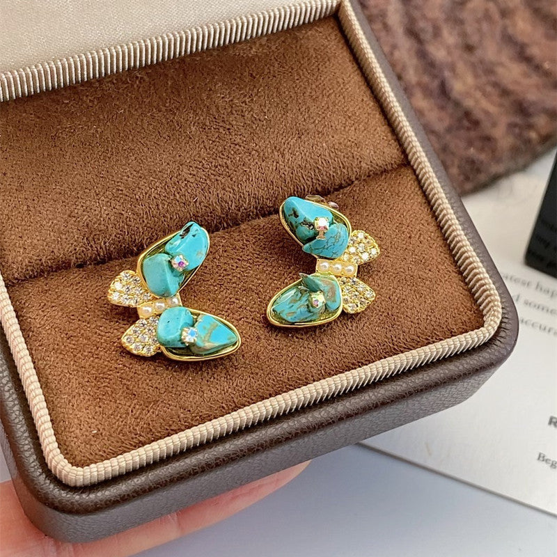 Women's French Retro Turquoise Full Diamond Bag Ear Clip Light Luxury Earrings