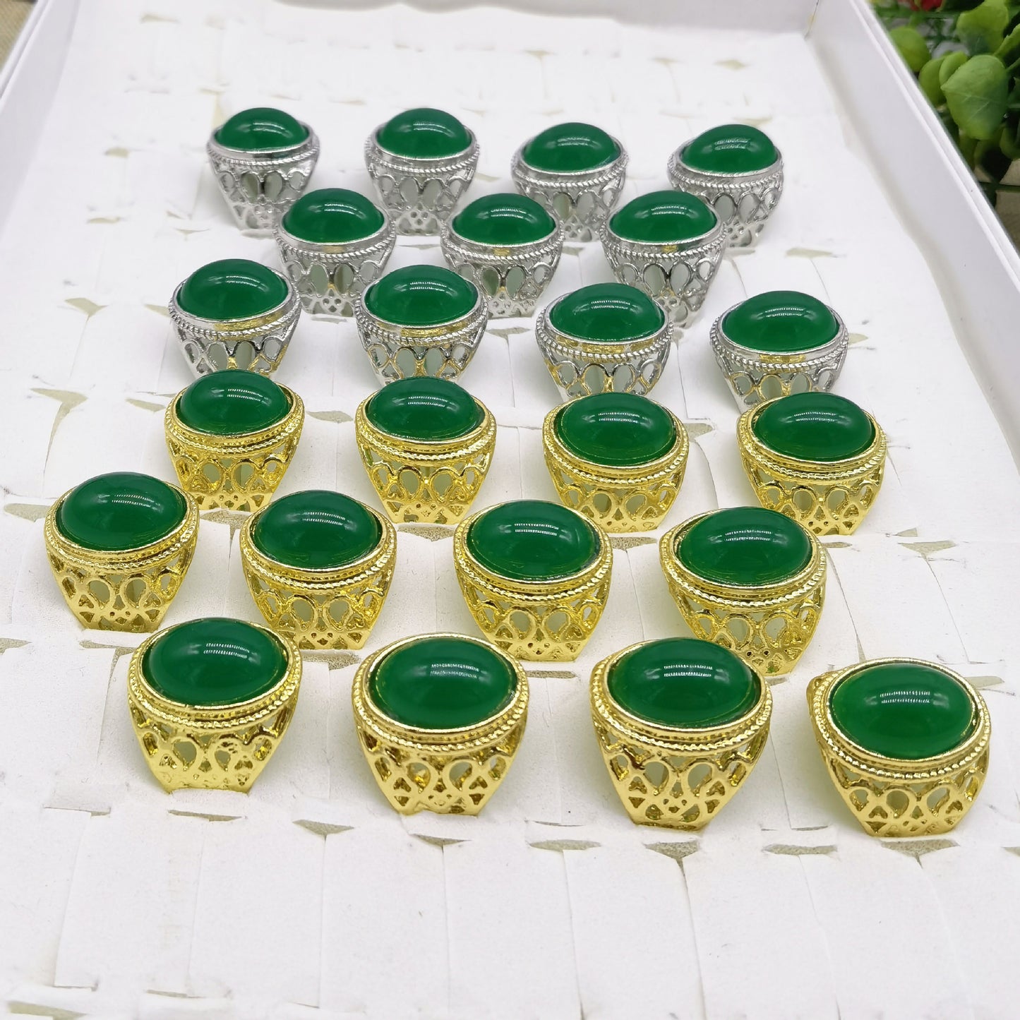 Men's Imitation Gold Green Agate Gemstone Live Streaming Welfare Rings