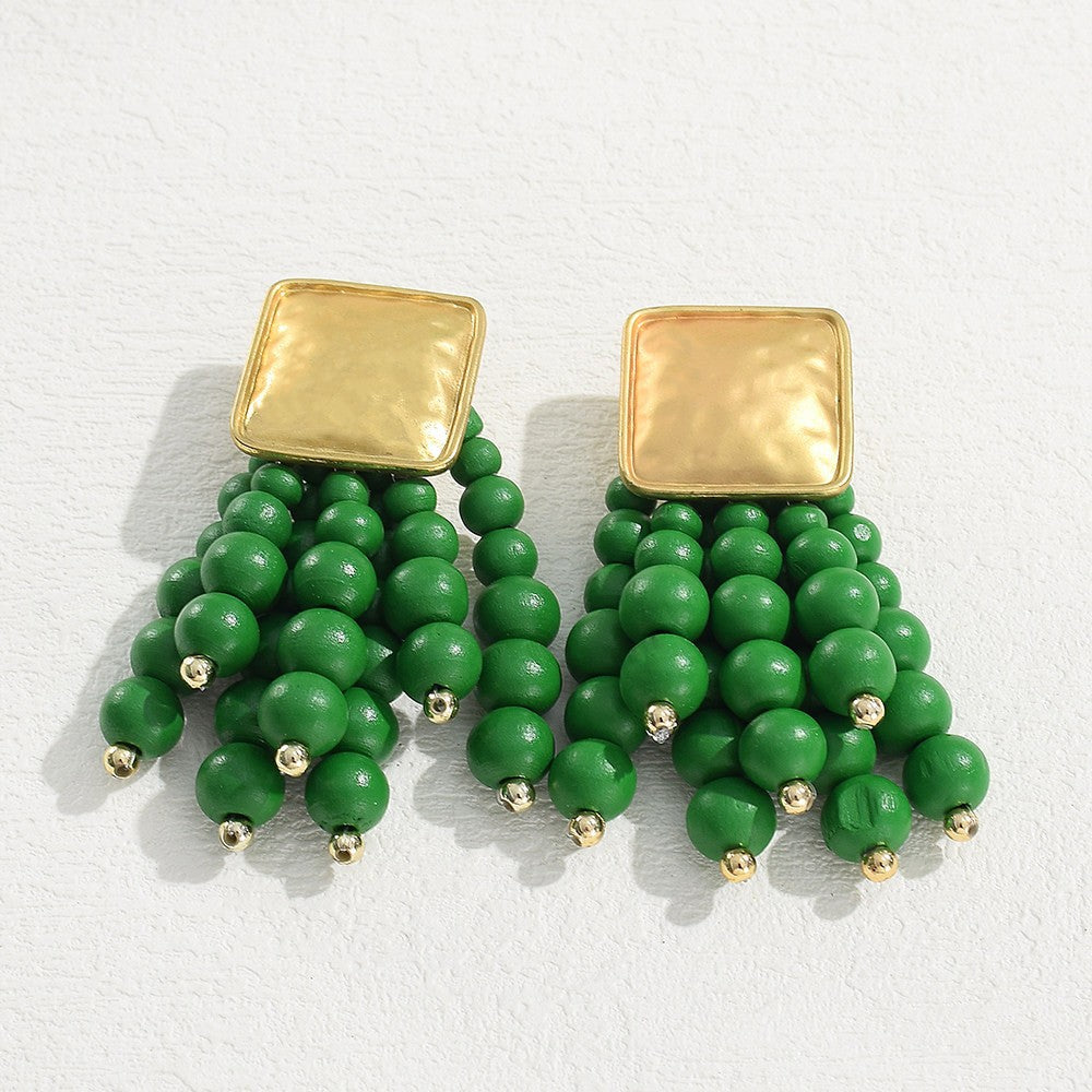 Women's Retro Red Wooden Bead High-grade Light Luxury Holiday Atmosphere Earrings