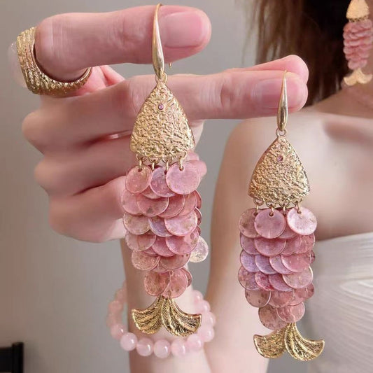 Women's Ancient Gold Pink Shell Small Fish Ear Hook Antique Unique Rings