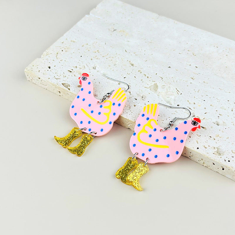 Creative Rooster Stitching Acrylic Printing Chicken Strange Earrings