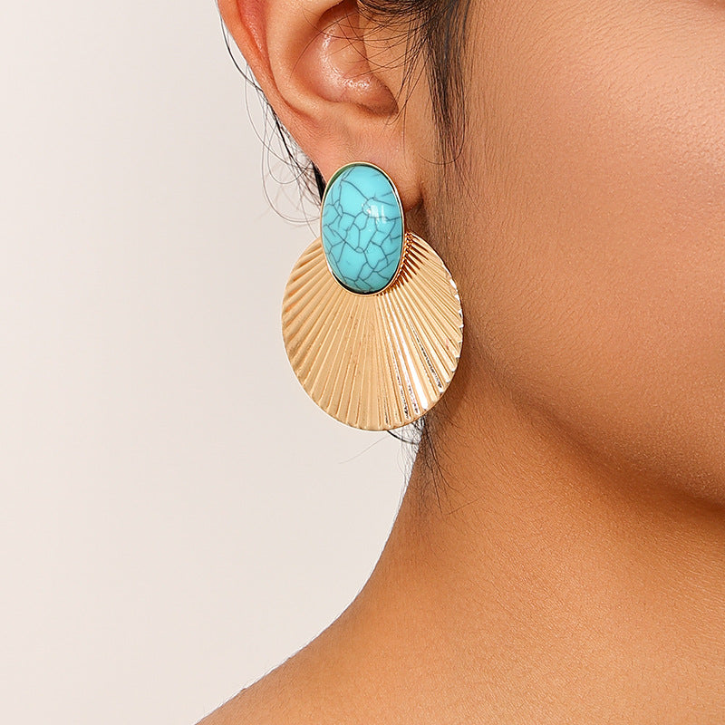 Women's Pair Fashion Design Turquoise Metal Diameter Big Round Slice Dance Earrings