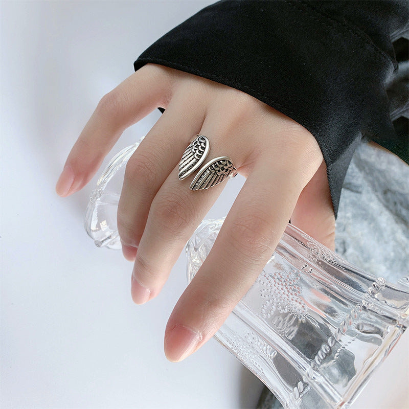 Women's & Men's Angel Wings Fashion Trend Sier Plated Retro Distressed Ring