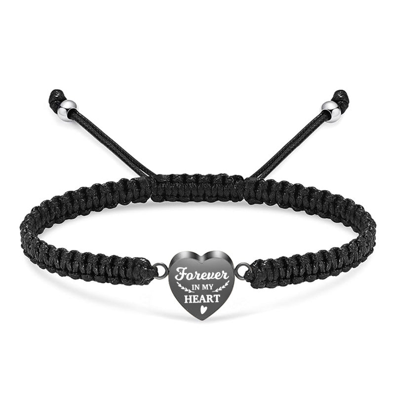 Heart-shaped Cinerary Casket Black Braided Rope Adjustable Stainless Steel Lettering Bracelet