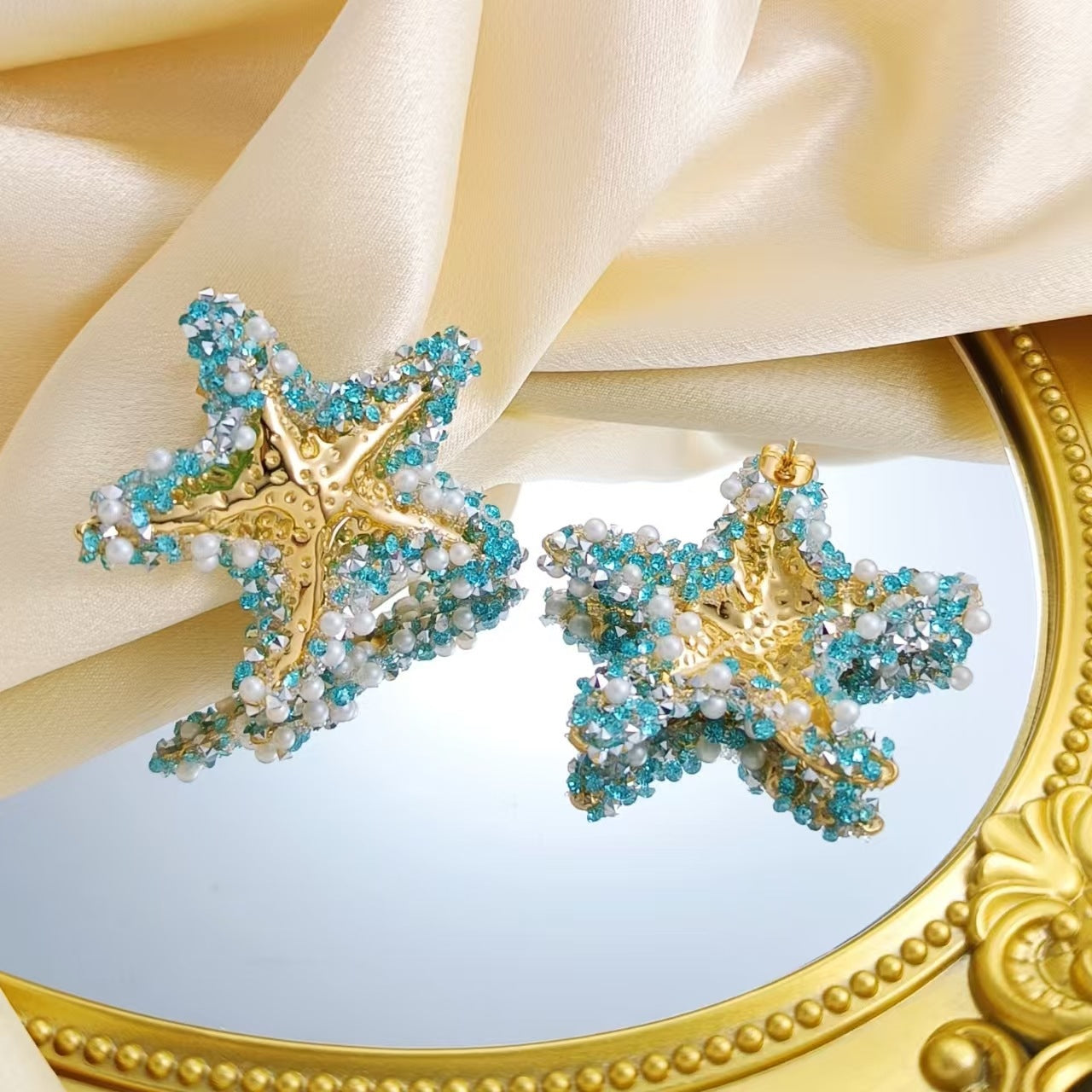 Women's Steel Ocean Style Rhinestone Pearl Starfish Light Earrings