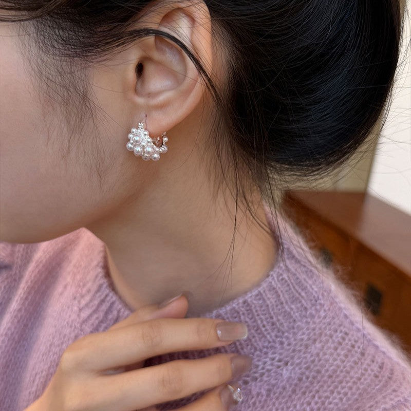 Women's Light Pink Pearl Small Flower Basket Ear Clip Earrings