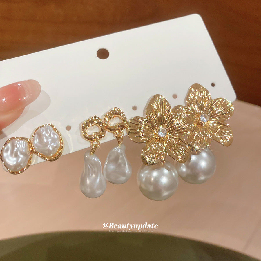 Sier Pearl Flower French Vintage Court Style Earrings