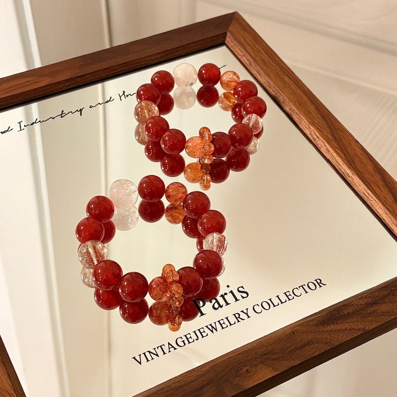 Red Luck Head Plastic Flower Natural Crystal Design Black Gold Bracelets