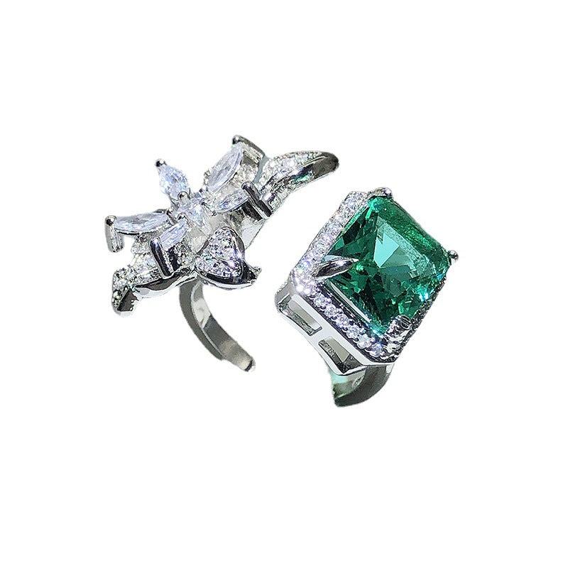 Women's Exquisite Square Full Diamond Inlaid Green Zircon Ring