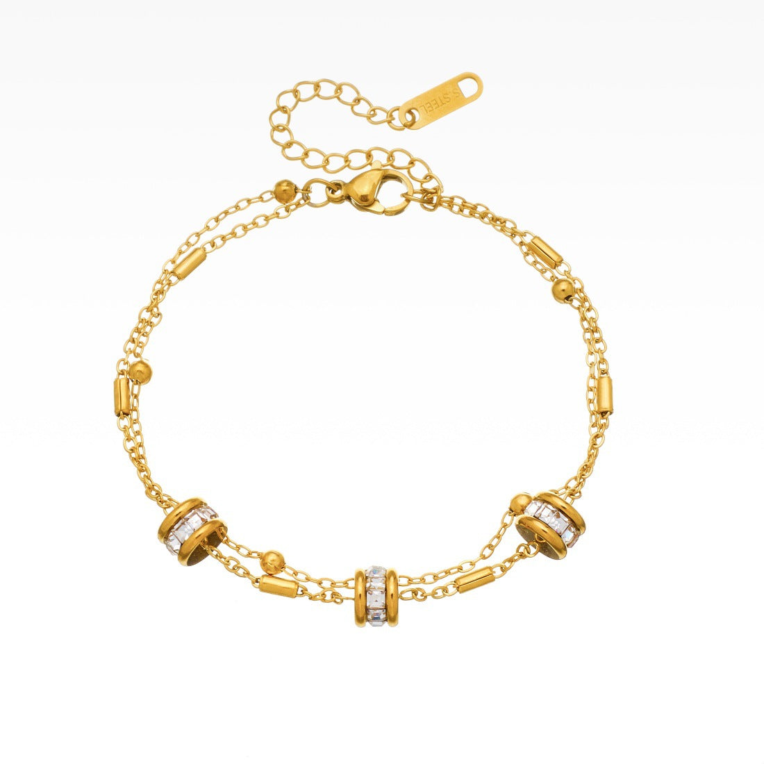 Fashion High-grade Gold-plated Twin Chain Stainless Steel Round Hand Bracelet