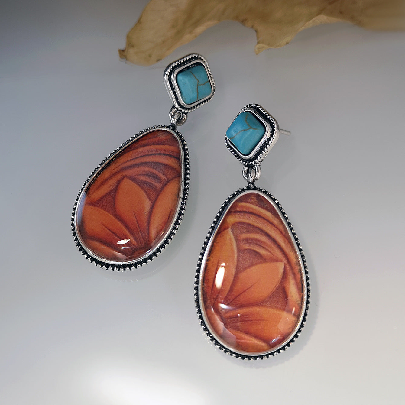 Fashion Brown Sunflower Retro Exaggerated Turquoise Earrings