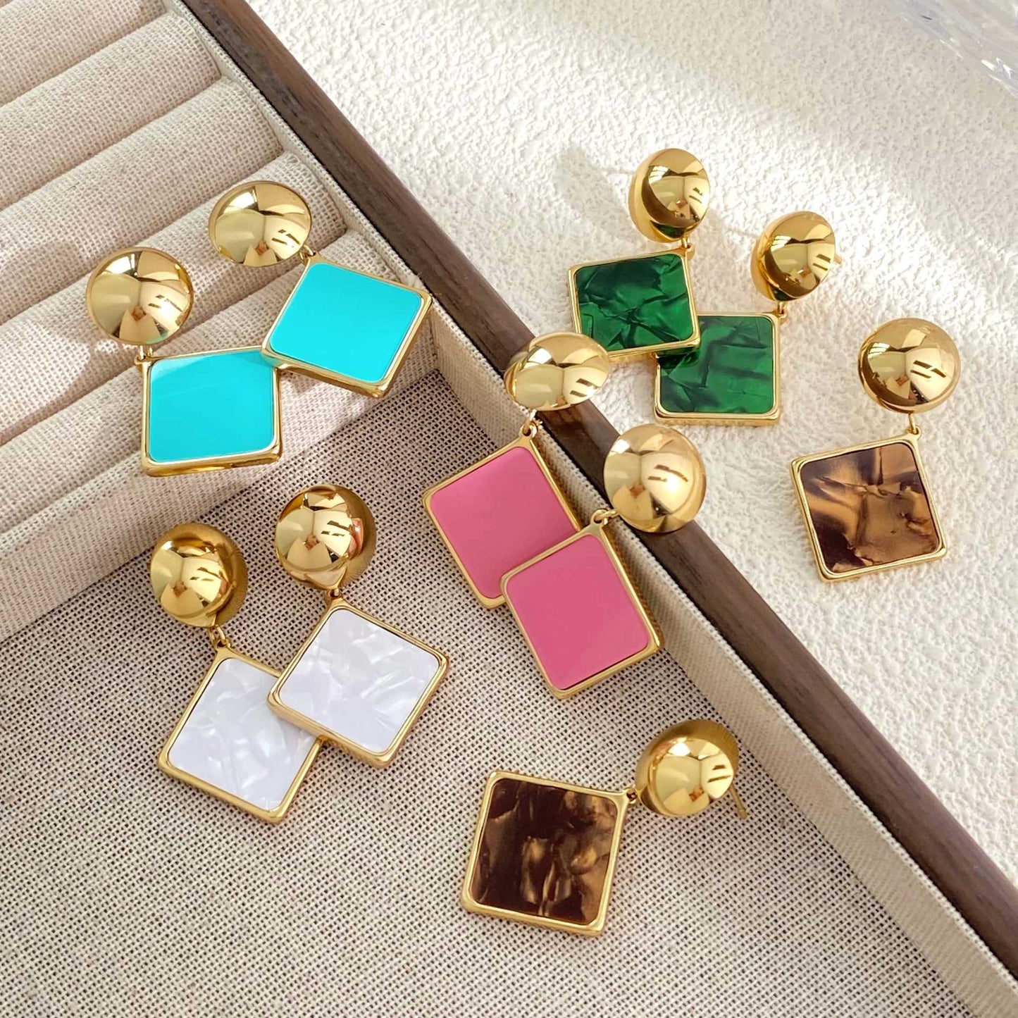 Women's Retro Geometric Metal Beads Style Colorful Square Piece Earrings