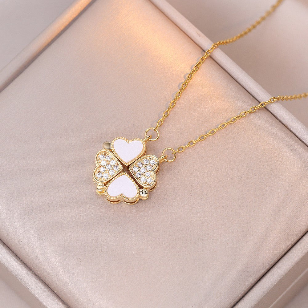 Women's Steel Cross Chain Open Close Four-leaf Flower Necklace