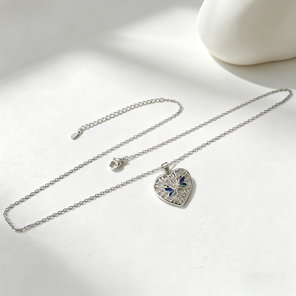Sier Heart-shaped Lucky Tree Butterfly Female Summer Niche Necklaces