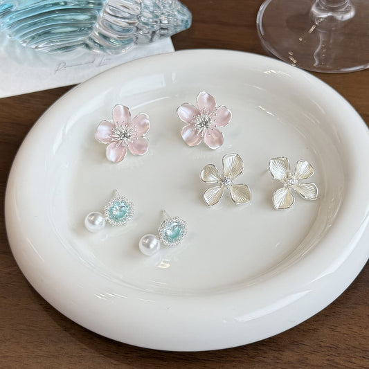 Women's Clear Blue Zirconium Pearl Pink Flower Multi Optional Earrings