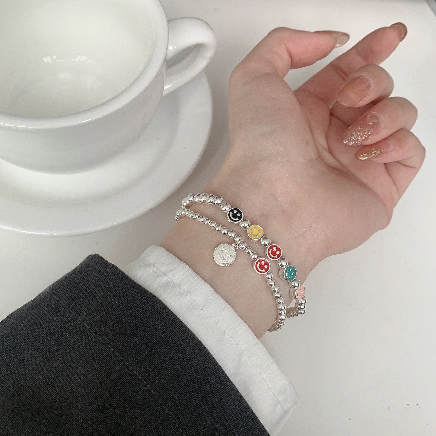 Sier Colors Smiling Face Ball Female Design High-grade Cold Style Bracelet