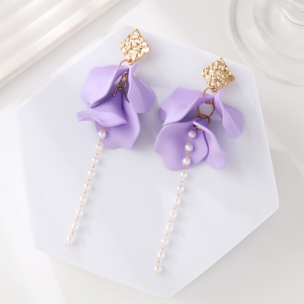 Style Red Blue Colorful Petals Pearl Long Trend Earrings