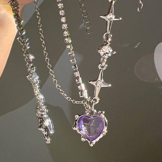 Women's Cool Hot Style Purple Rhinestone Heart Advanced Necklace